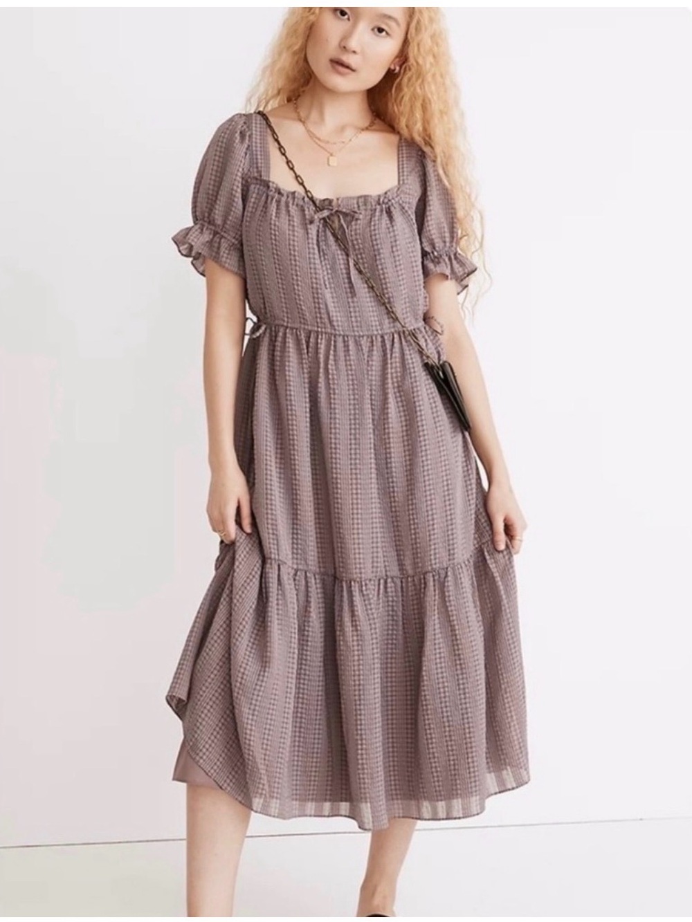 Madewell Smocked Waist Puff Sleeve Midi Dress in Mauve size M